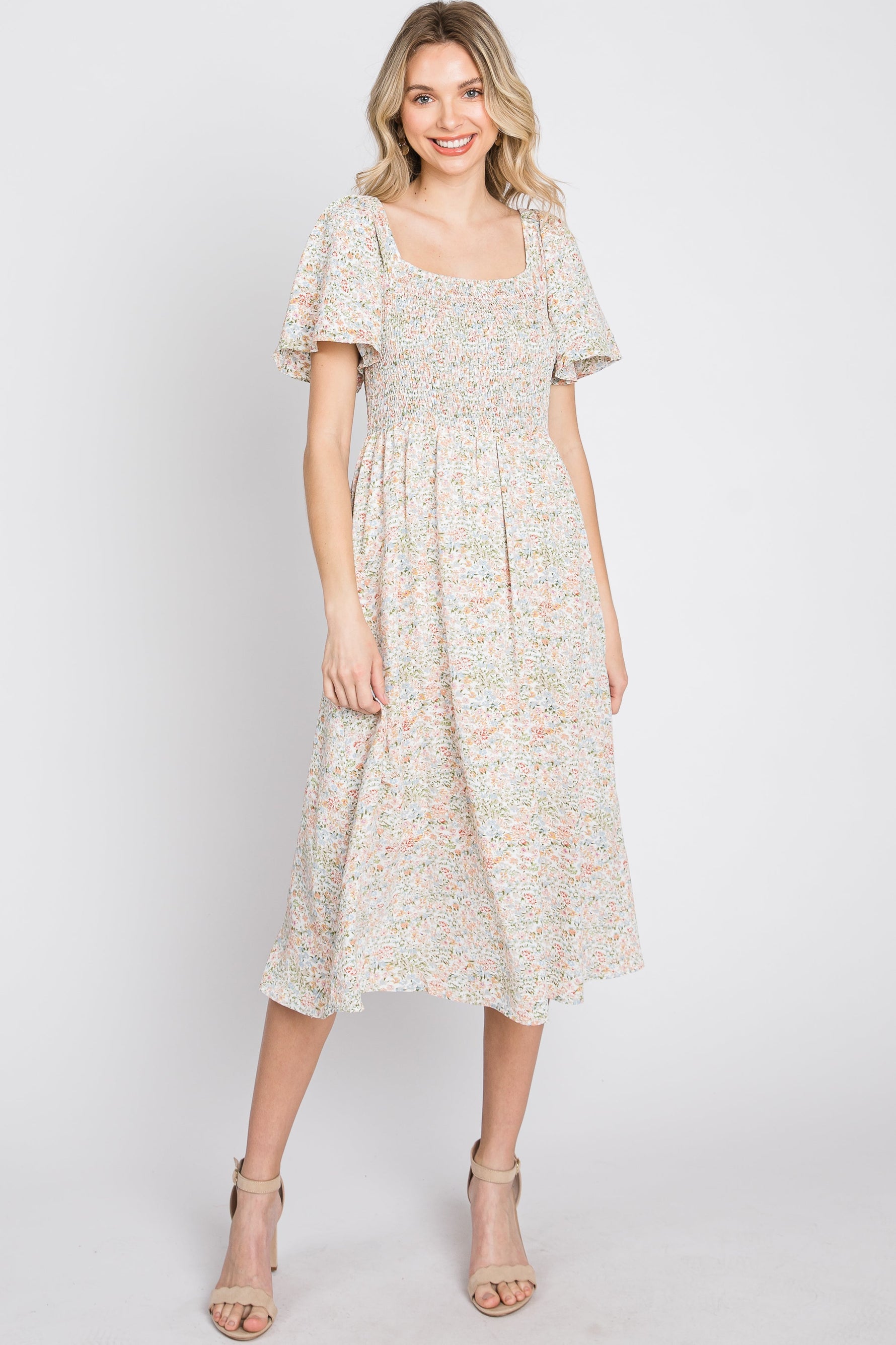 PinkBlush Cream Floral Smocked Square Neck Maternity Midi Dress