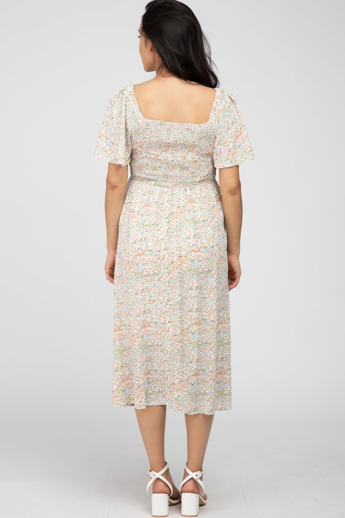 PinkBlush Cream Floral Smocked Square Neck Maternity Midi Dress