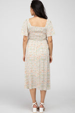 PinkBlush Cream Floral Smocked Square Neck Maternity Midi Dress