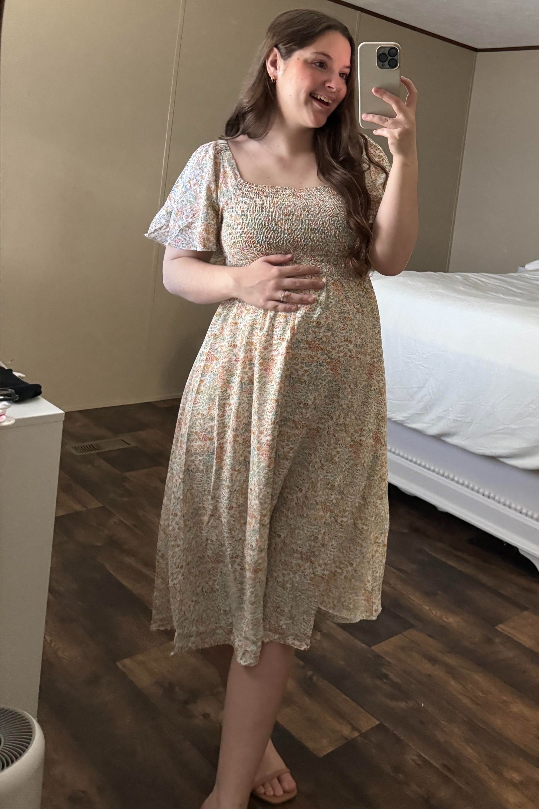 PinkBlush Cream Floral Smocked Square Neck Maternity Midi Dress