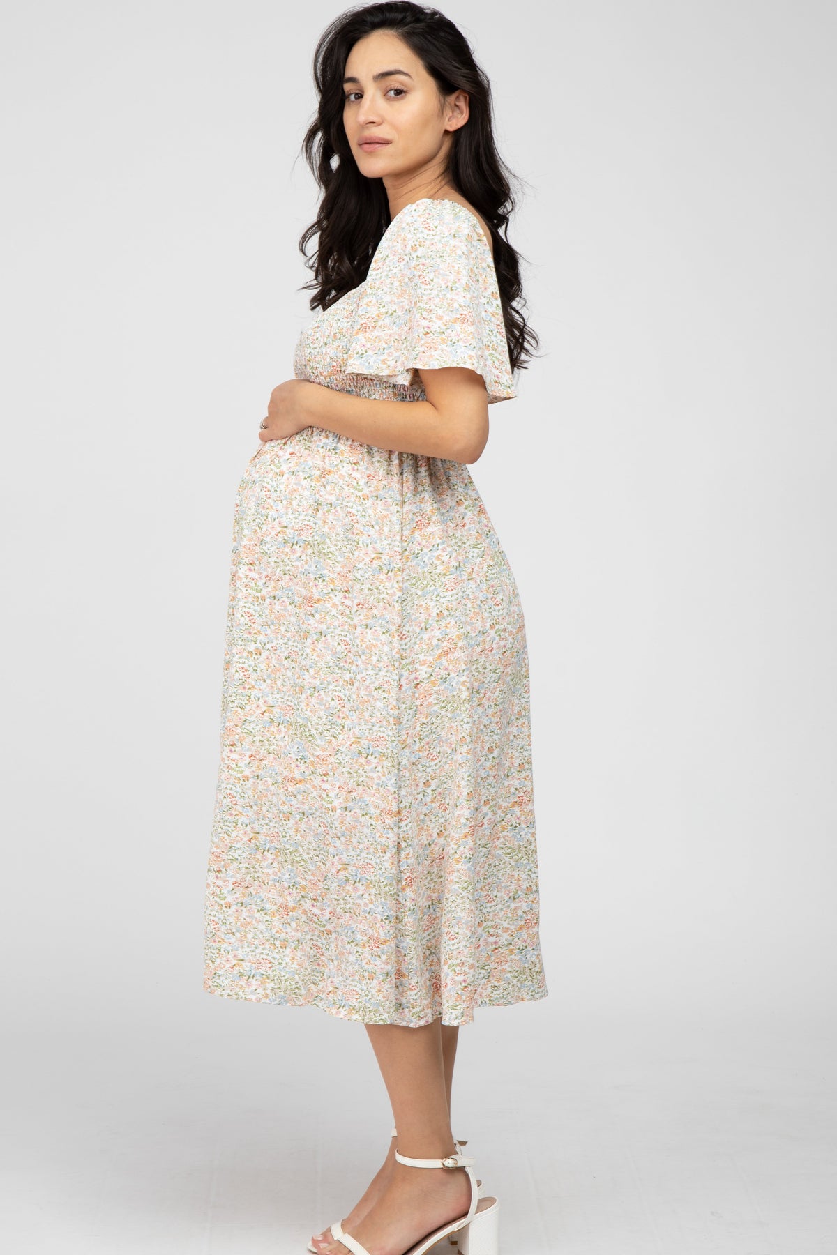 PinkBlush Cream Floral Smocked Square Neck Maternity Midi Dress