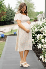 PinkBlush Cream Floral Smocked Square Neck Maternity Midi Dress