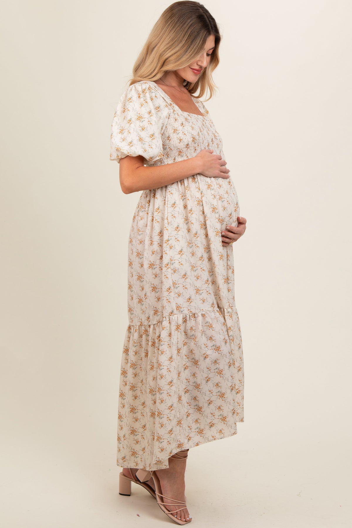 PinkBlush Cream Floral Smocked Square Neck Short Puff Sleeve Maternity Midi Dress
