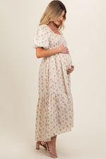 PinkBlush Cream Floral Smocked Square Neck Short Puff Sleeve Maternity Midi Dress