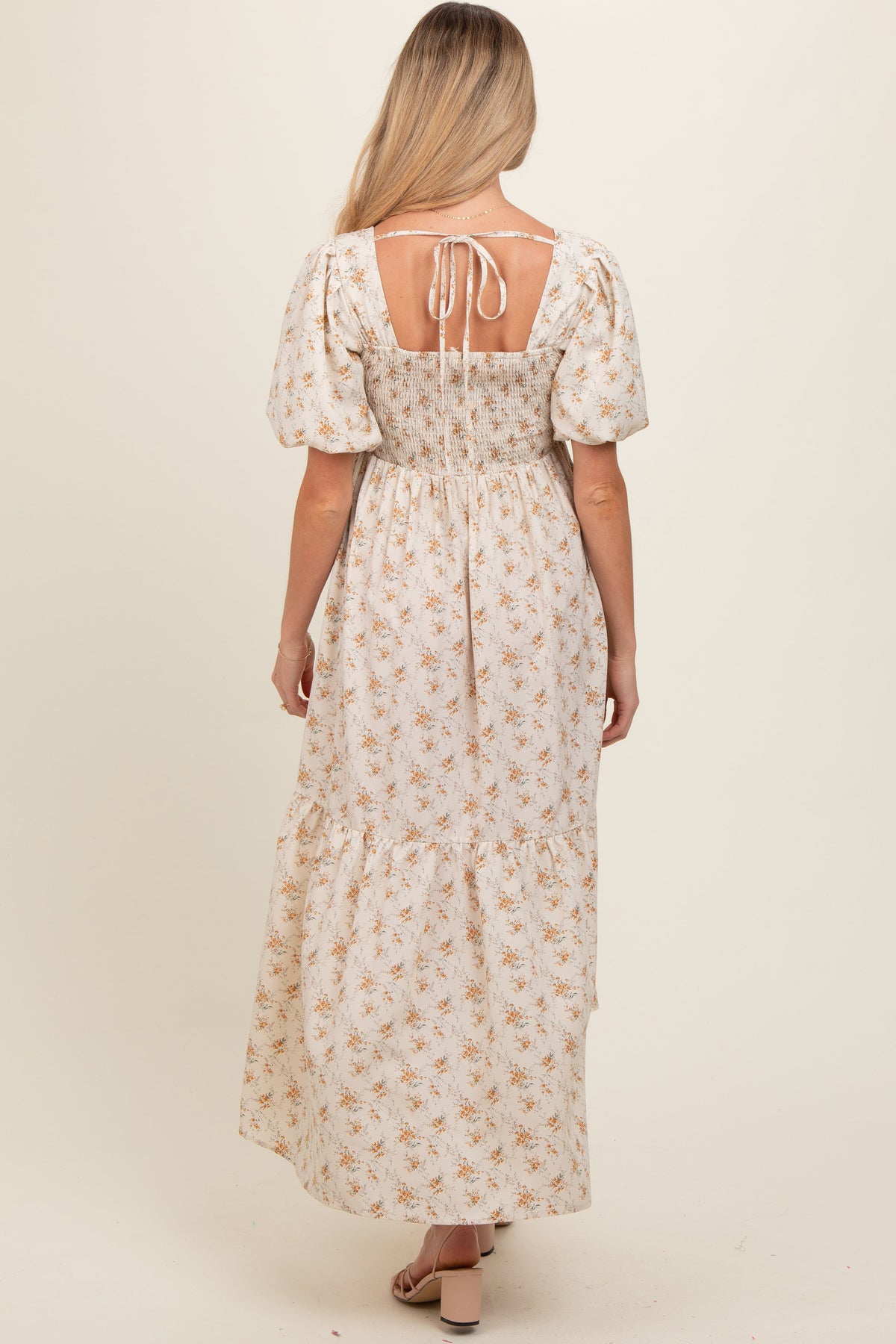 PinkBlush Cream Floral Smocked Square Neck Short Puff Sleeve Maternity Midi Dress