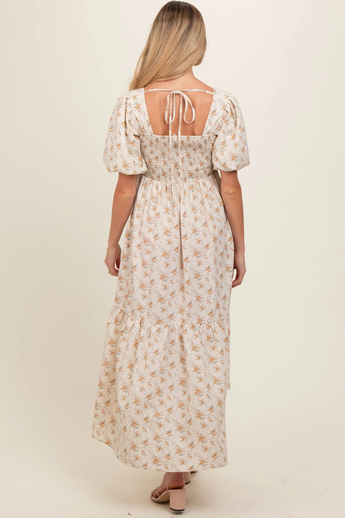 PinkBlush Cream Floral Smocked Square Neck Short Puff Sleeve Maternity Midi Dress - 