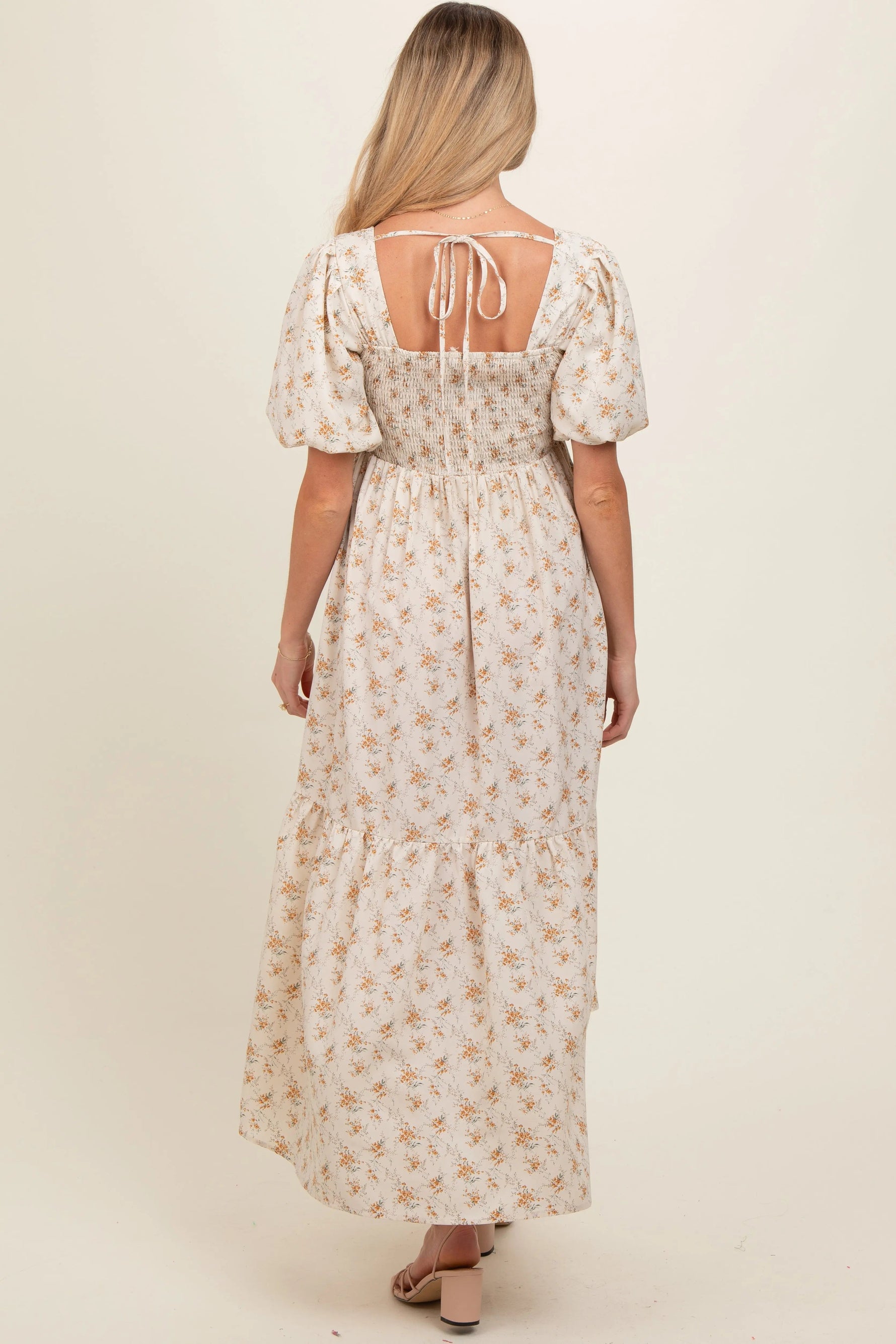 PinkBlush Cream Floral Smocked Square Neck Short Puff Sleeve Maternity Midi Dress - 