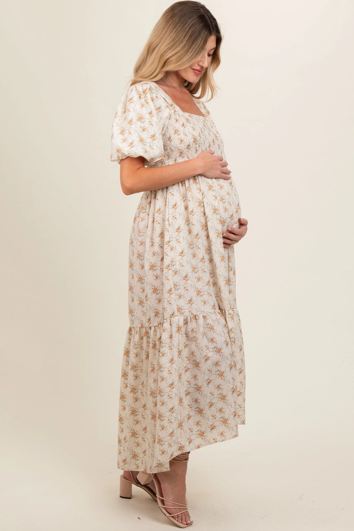 PinkBlush Cream Floral Smocked Square Neck Short Puff Sleeve Maternity Midi Dress - 