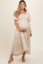 PinkBlush Cream Floral Smocked Square Neck Short Puff Sleeve Maternity Midi Dress - 
