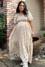PinkBlush Cream Floral Smocked Square Neck Short Puff Sleeve Maternity Midi Dress - 