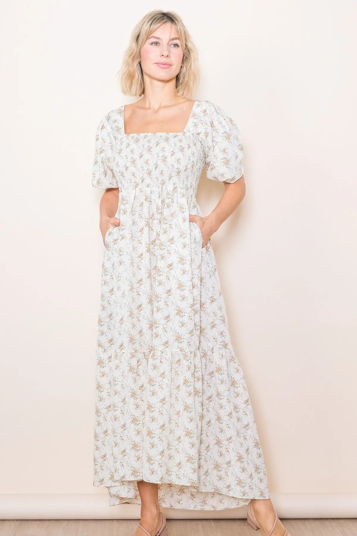 PinkBlush Cream Floral Smocked Square Neck Short Puff Sleeve Maternity Midi Dress - 