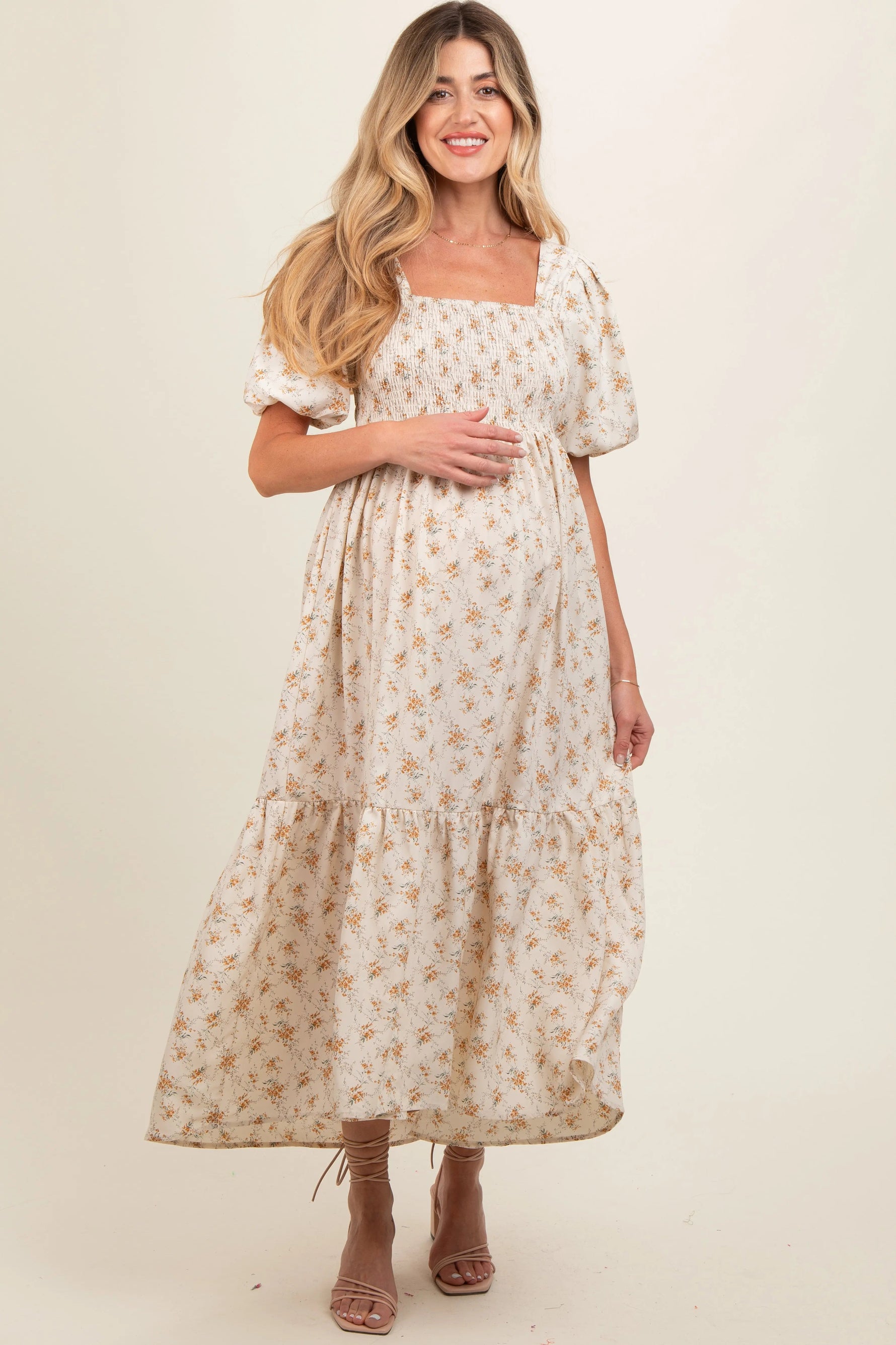 PinkBlush Cream Floral Smocked Square Neck Short Puff Sleeve Maternity Midi Dress - 