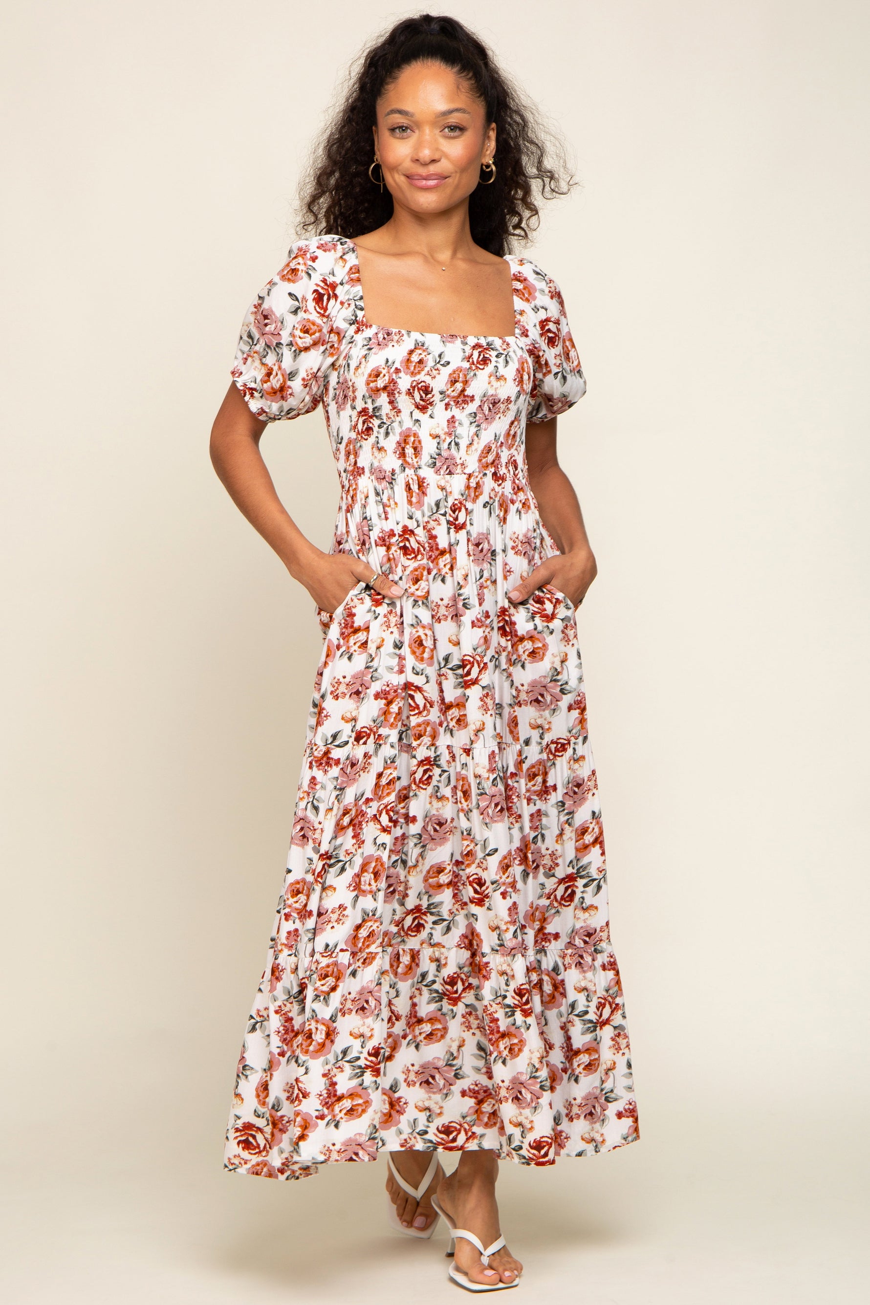 PinkBlush Cream Floral Smocked Square Neck Tiered Maternity Maxi Dress Everetts Place