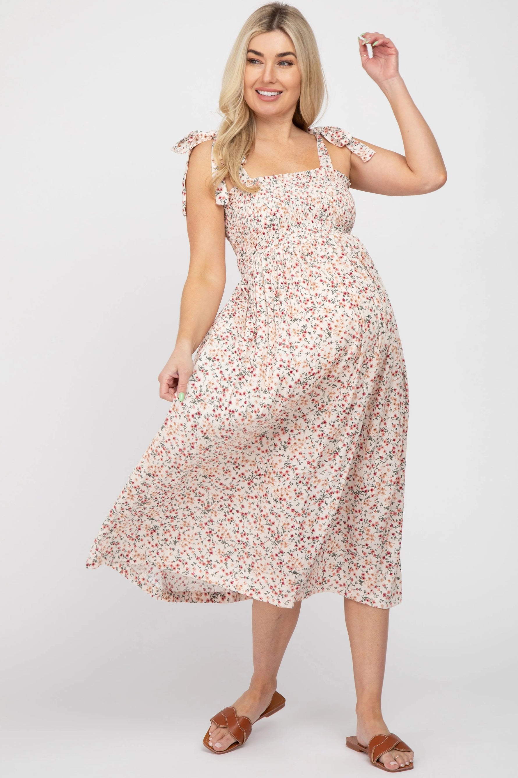 Cream Floral Smocked Tie Strap Maternity Midi Dress - Shoulder, Dress, Day Dress, One-piece garment, Fashion | Everetts Place