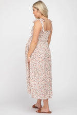 PinkBlush Cream Floral Smocked Tie Strap Maternity Midi Dress - 