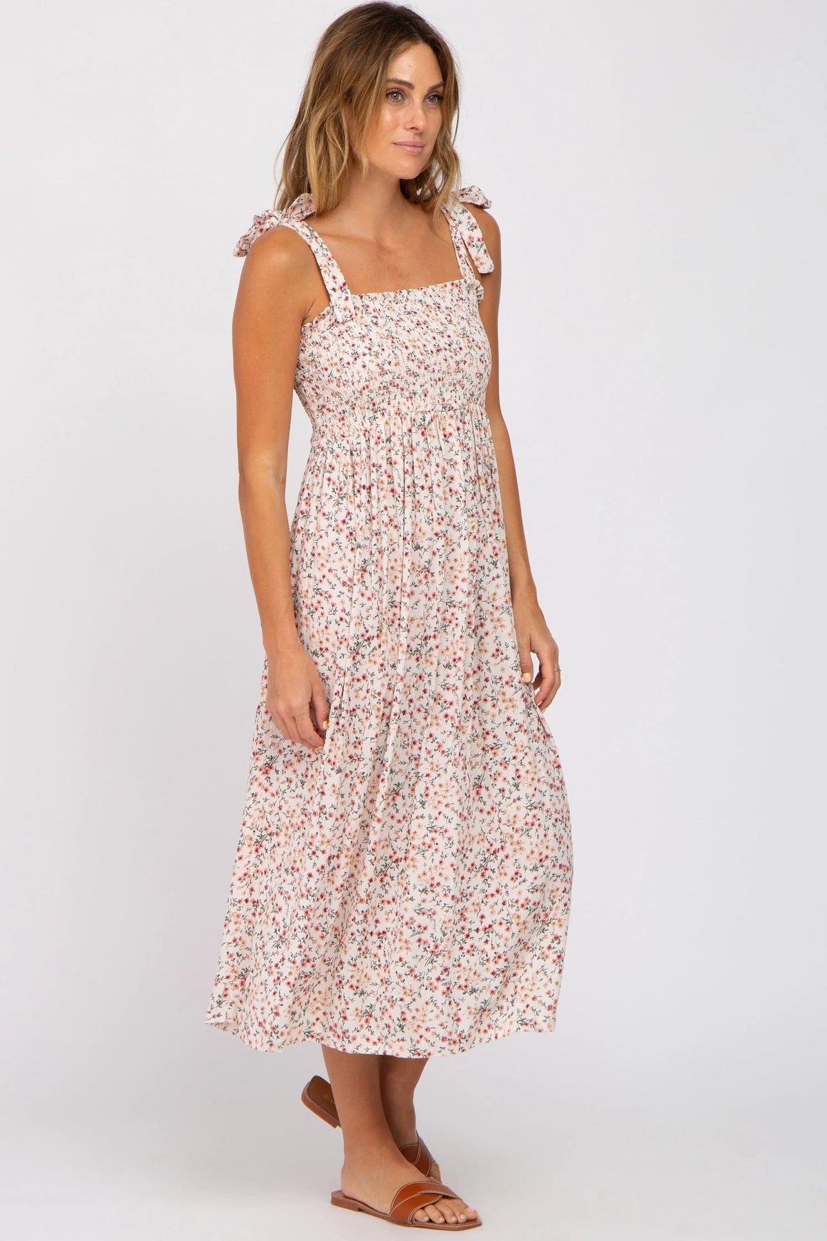 PinkBlush Cream Floral Smocked Tie Strap Midi Dress - 