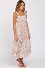 PinkBlush Cream Floral Smocked Tie Strap Midi Dress - 