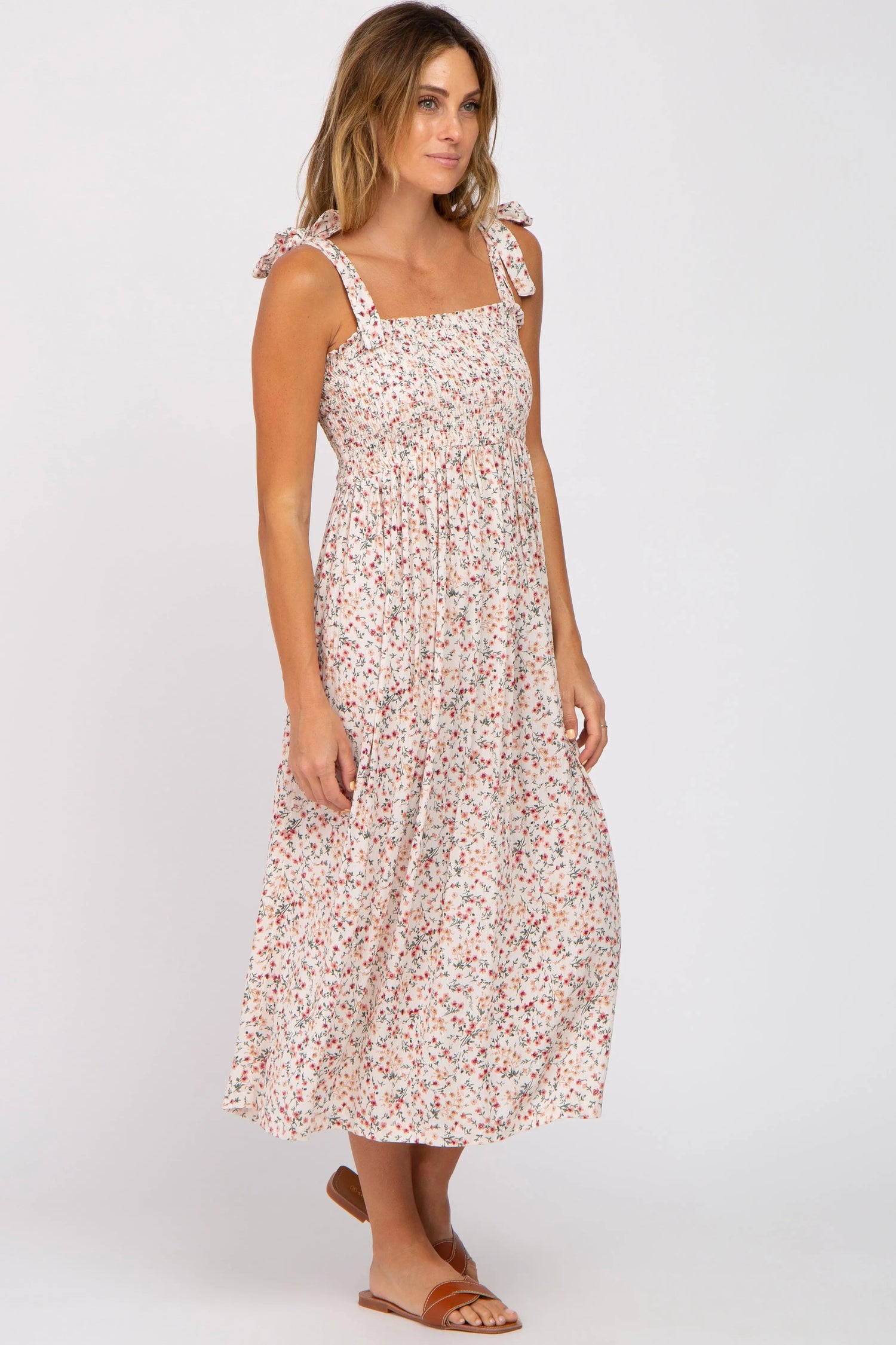 PinkBlush Cream Floral Smocked Tie Strap Midi Dress - 