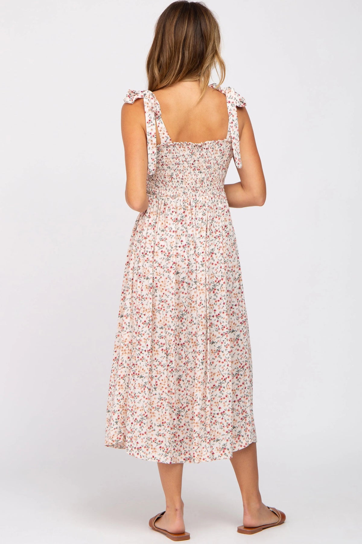 PinkBlush Cream Floral Smocked Tie Strap Midi Dress - 