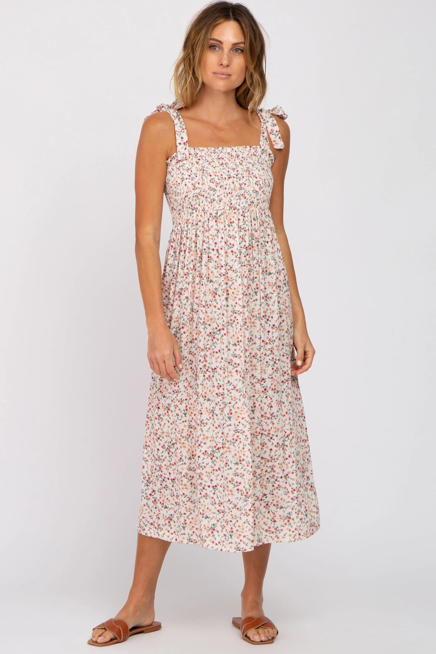 Cream Floral Smocked Tie Strap Midi Dress - One-piece garment, Day Dress, Person, Dress, Shoe | Everetts Place