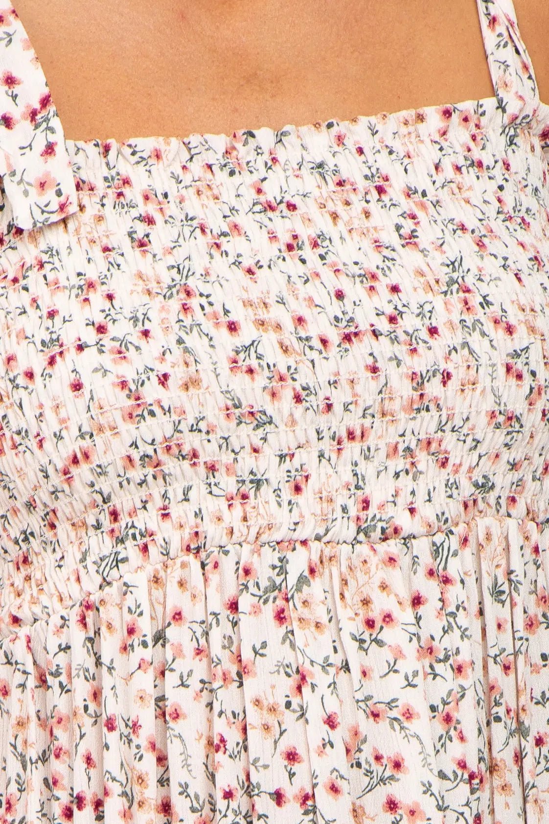 PinkBlush Cream Floral Smocked Tie Strap Midi Dress - 