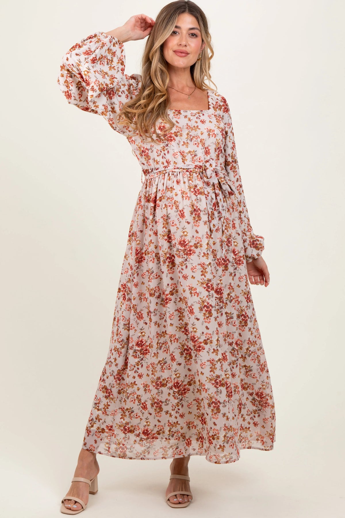 Cream Floral Square Neck Front Tie Maternity Midi Dress - Sleeve, Red, Day Dress, One-piece garment, Pattern | Everetts Place