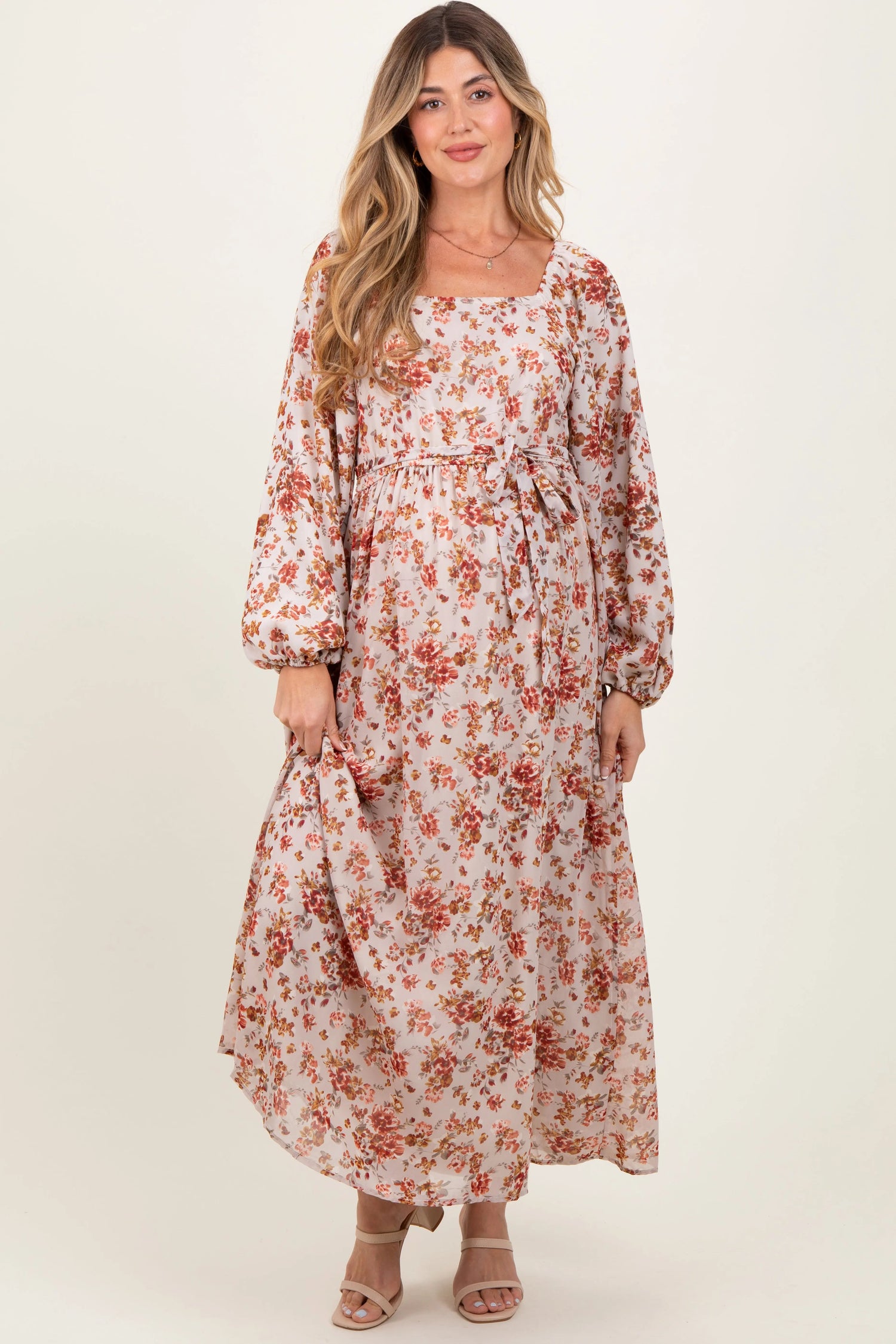PinkBlush Cream Floral Square Neck Front Tie Maternity Midi Dress - 