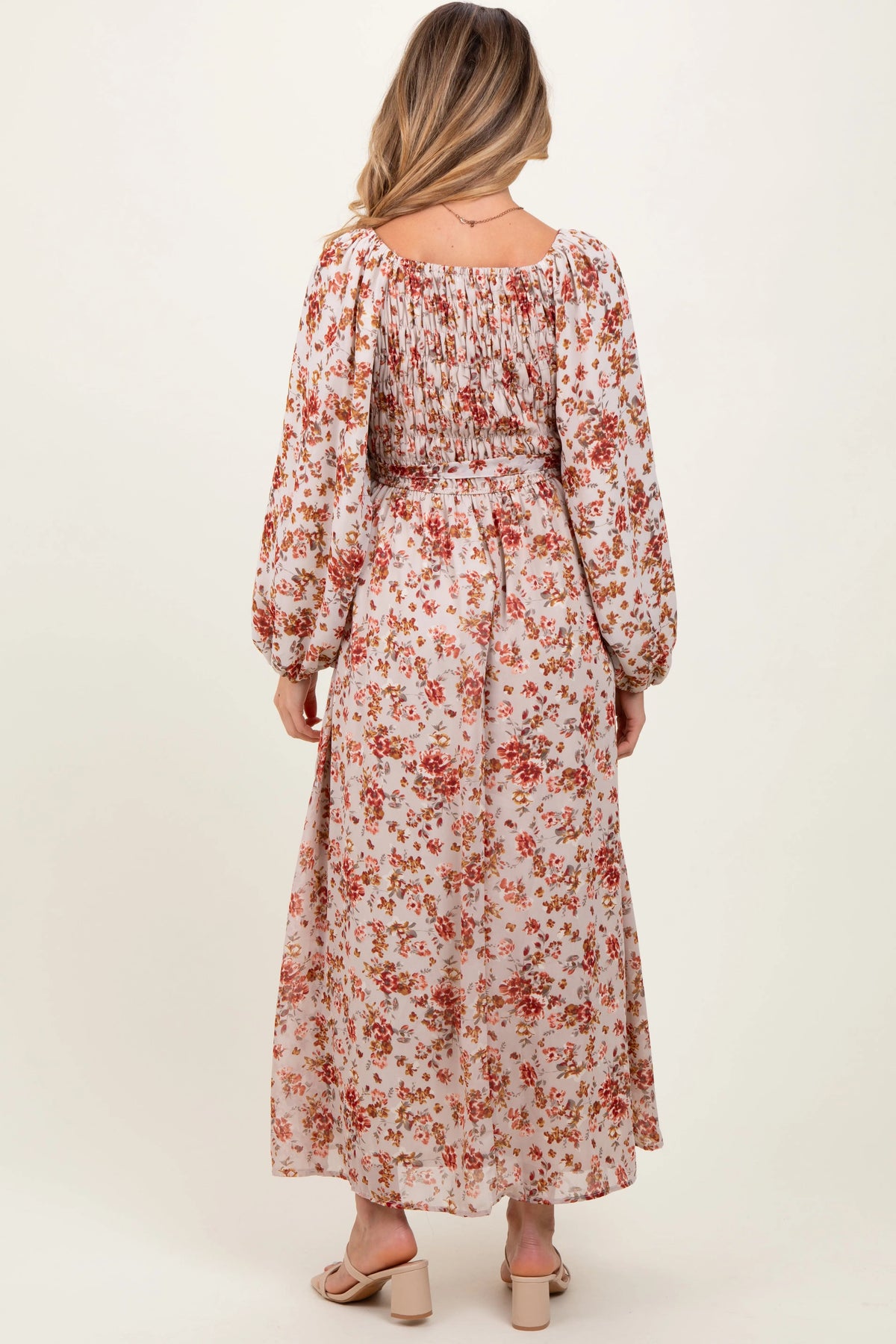 PinkBlush Cream Floral Square Neck Front Tie Maternity Midi Dress - 
