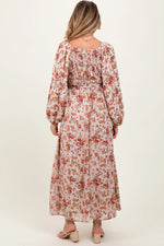 PinkBlush Cream Floral Square Neck Front Tie Maternity Midi Dress - 