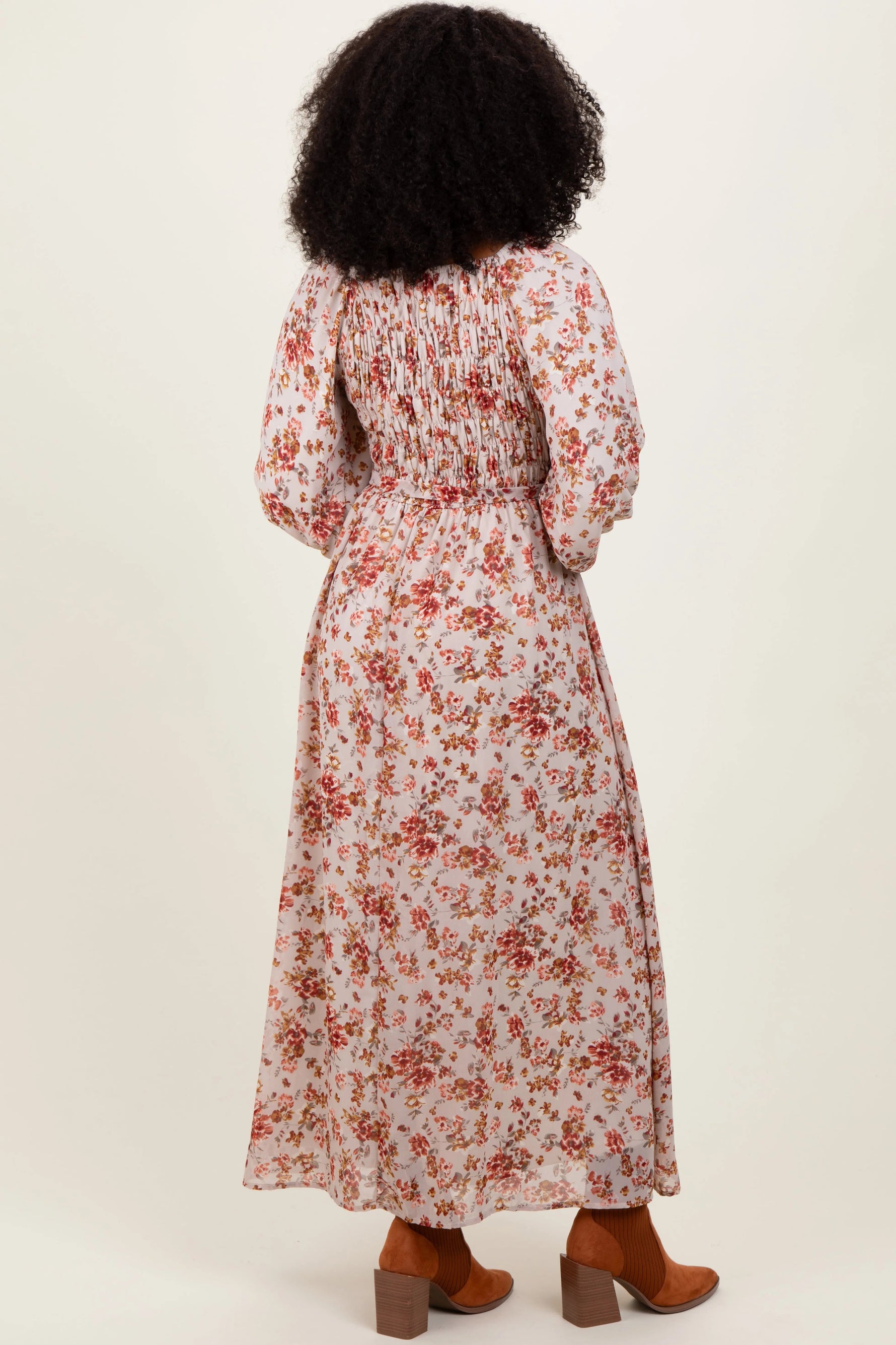 PinkBlush Cream Floral Square Neck Front Tie Midi Dress - 