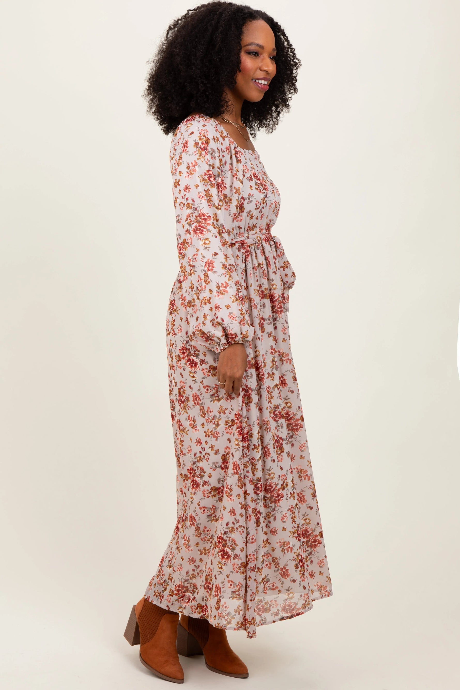 PinkBlush Cream Floral Square Neck Front Tie Midi Dress - 