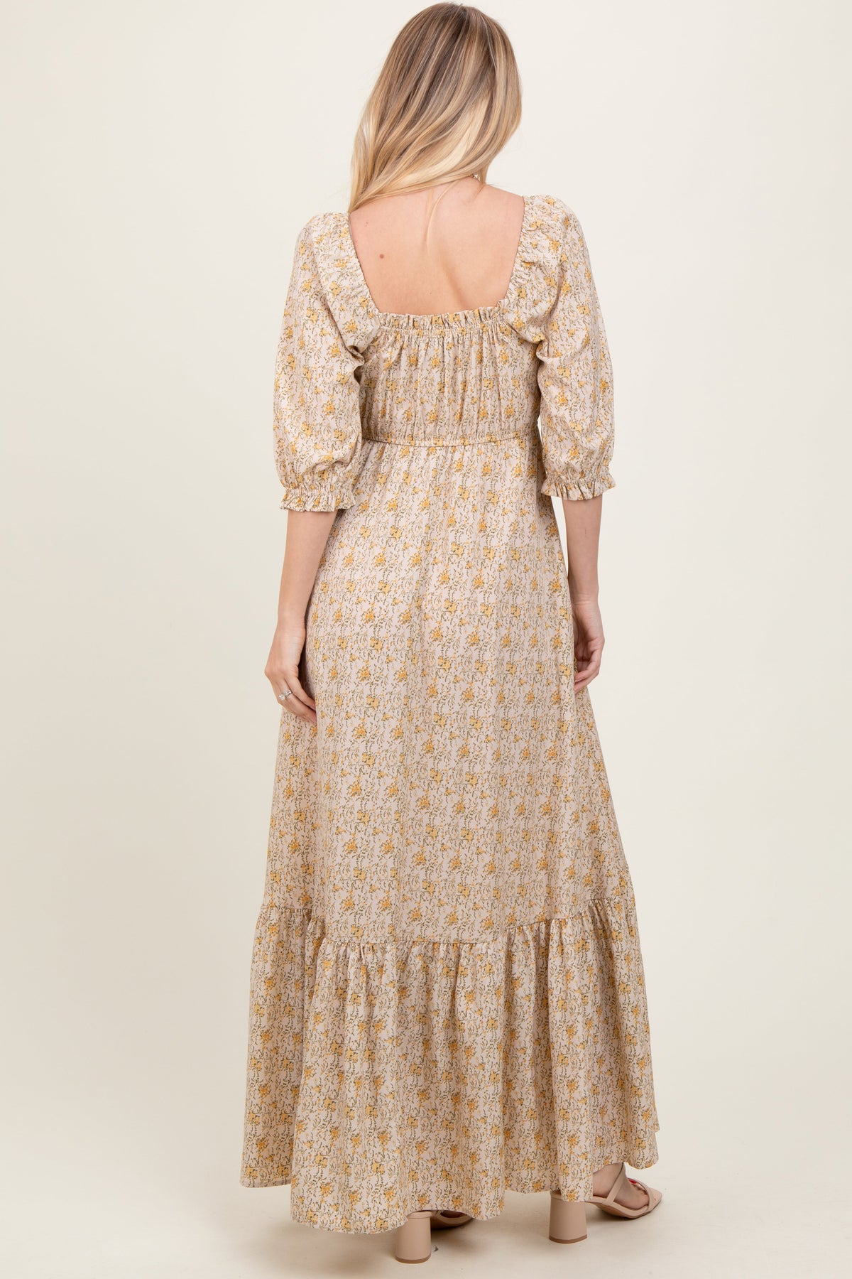 PinkBlush Cream Floral Sweetheart Neckline Maxi Dress
