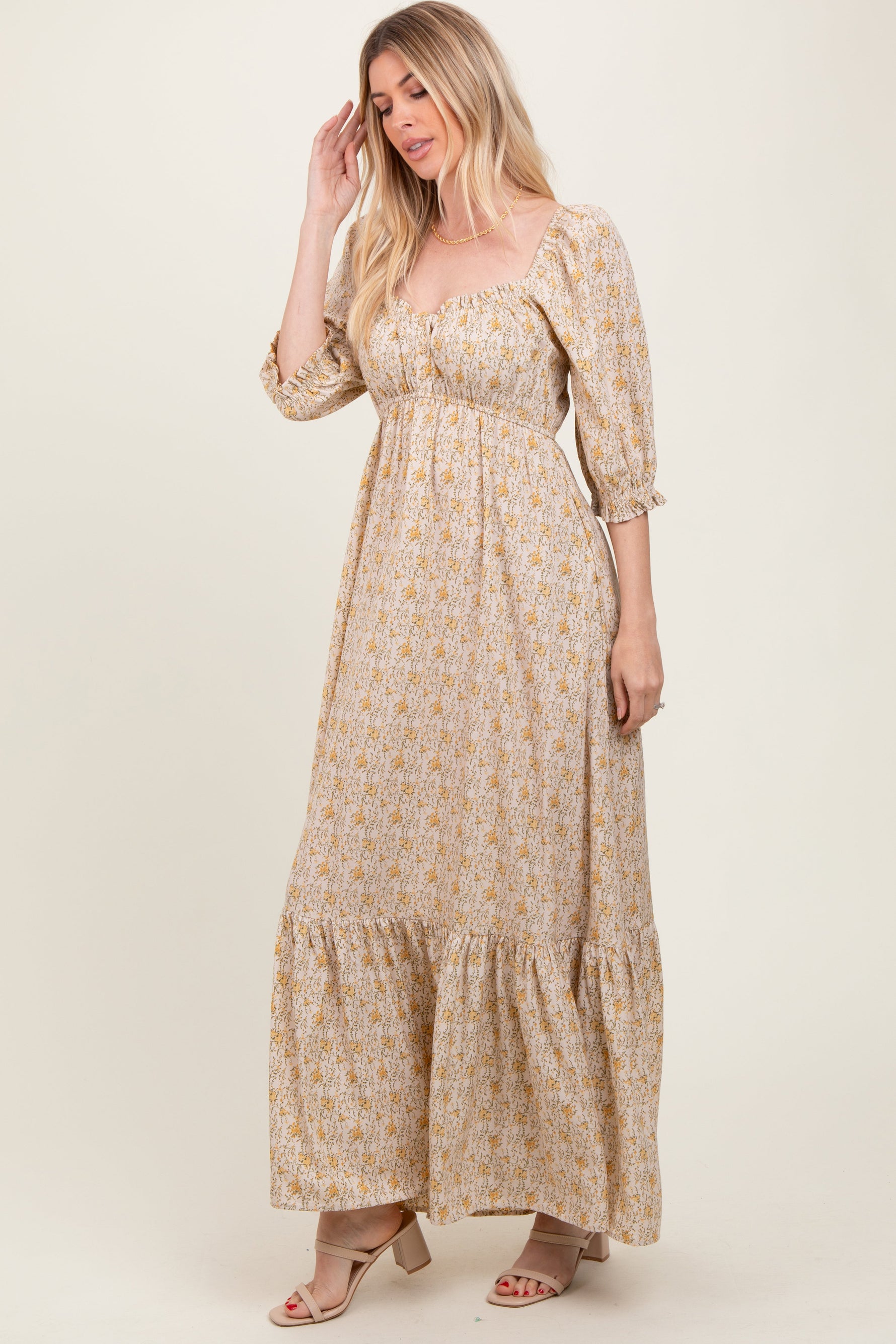 PinkBlush Cream Floral Sweetheart Neckline Maxi Dress