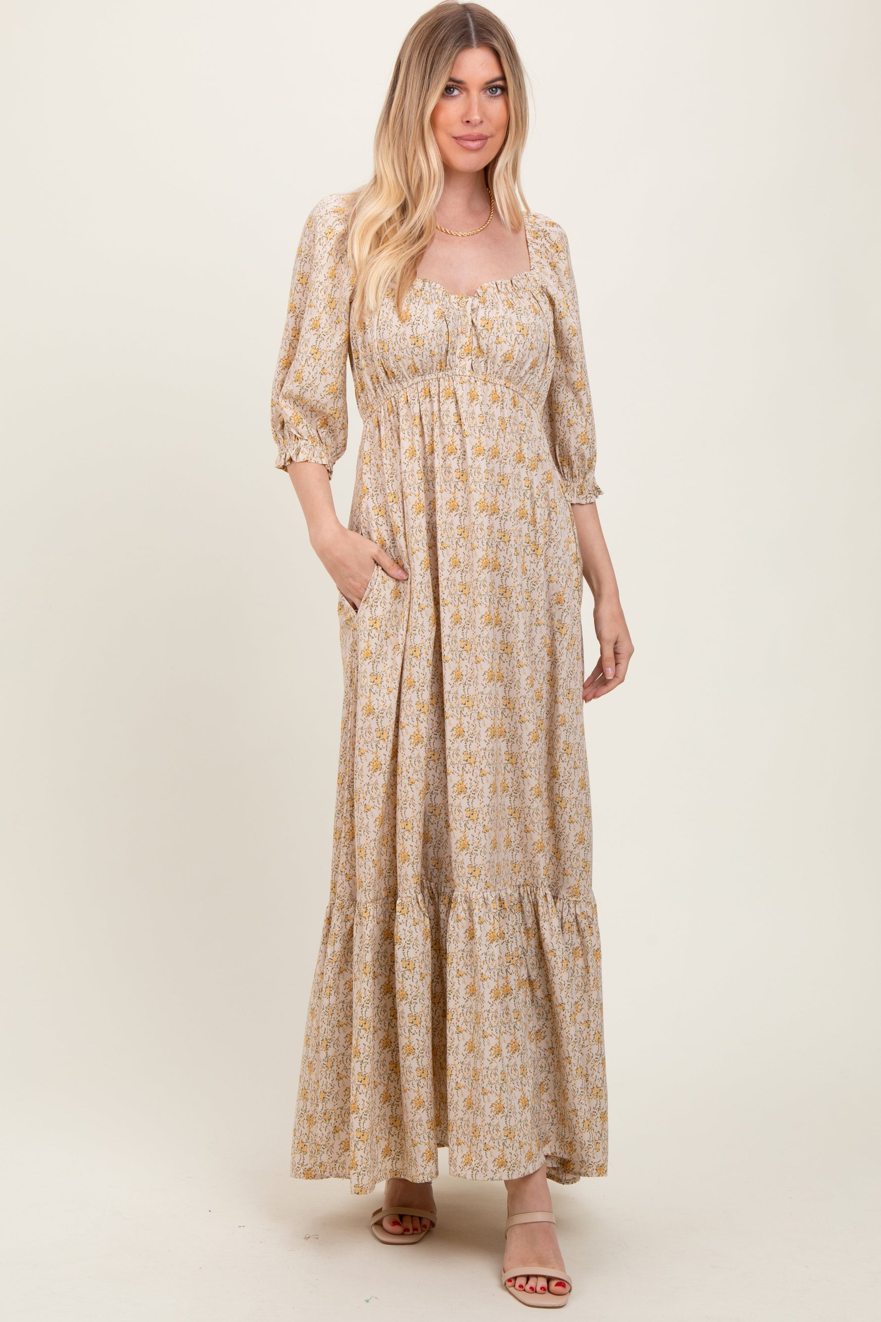 PinkBlush Cream Floral Sweetheart Neckline Maxi Dress