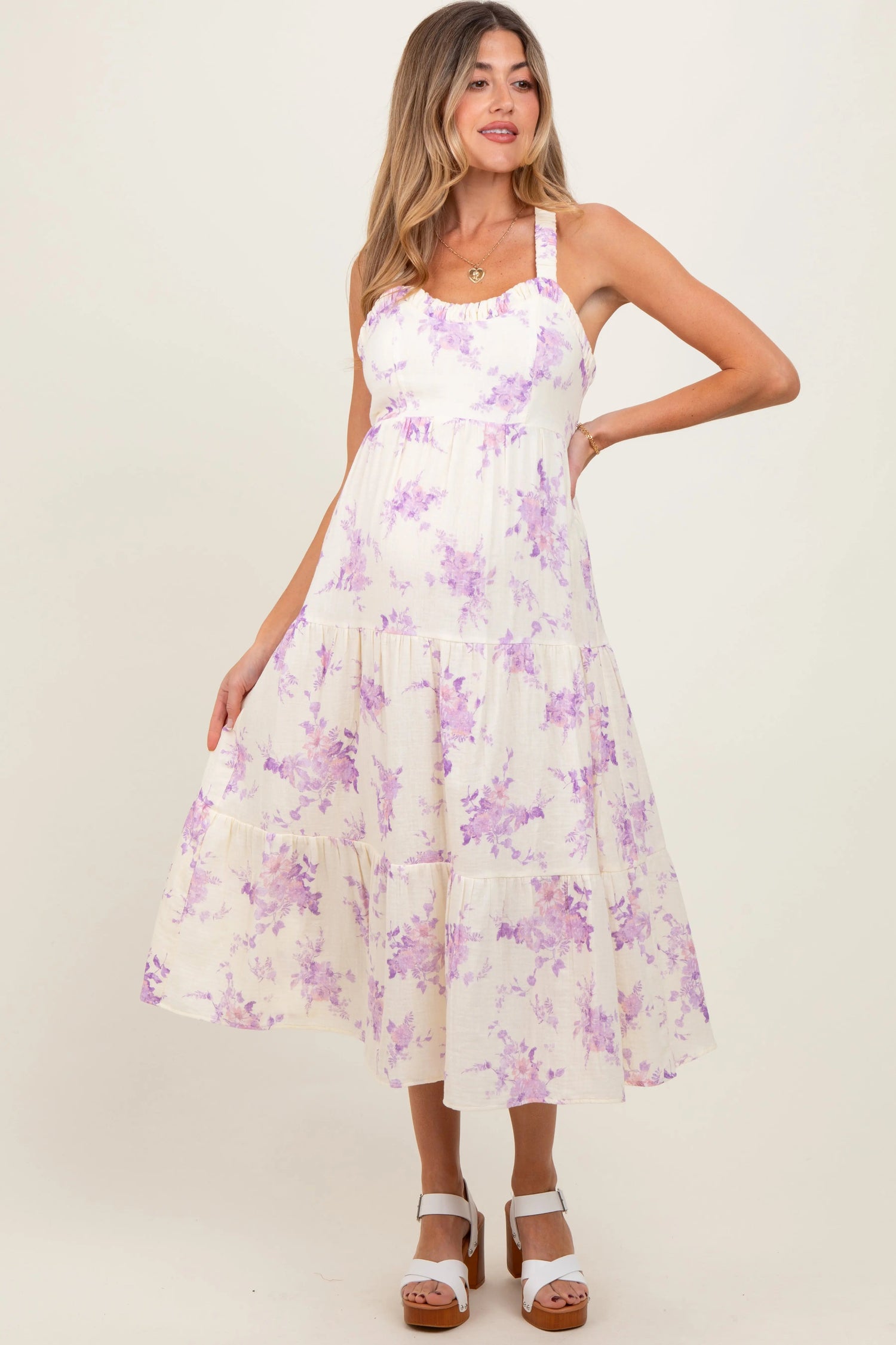 PinkBlush Cream Floral Tiered Crisscross Back Maternity Midi Dress - 