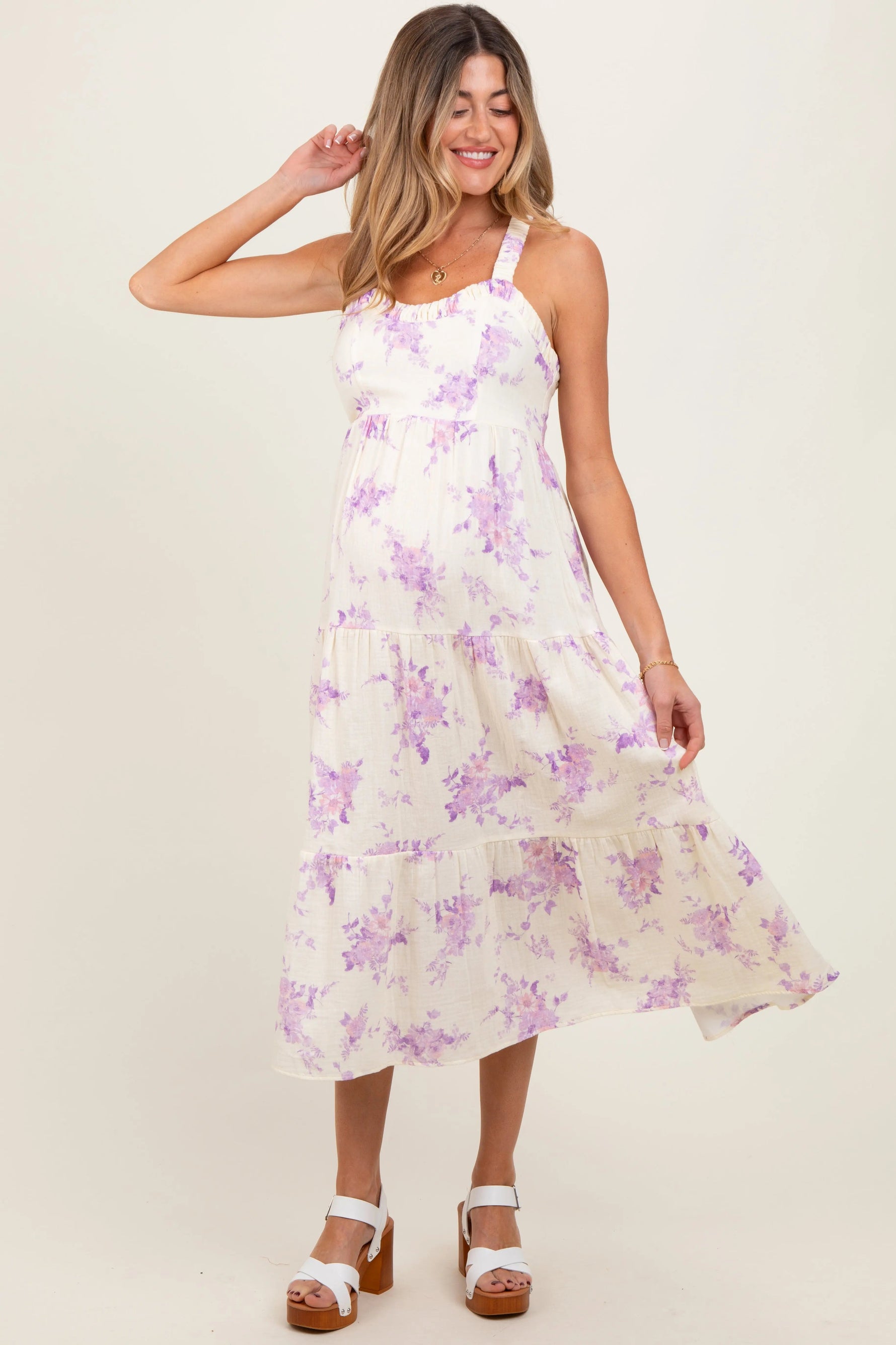 PinkBlush Cream Floral Tiered Crisscross Back Maternity Midi Dress - 