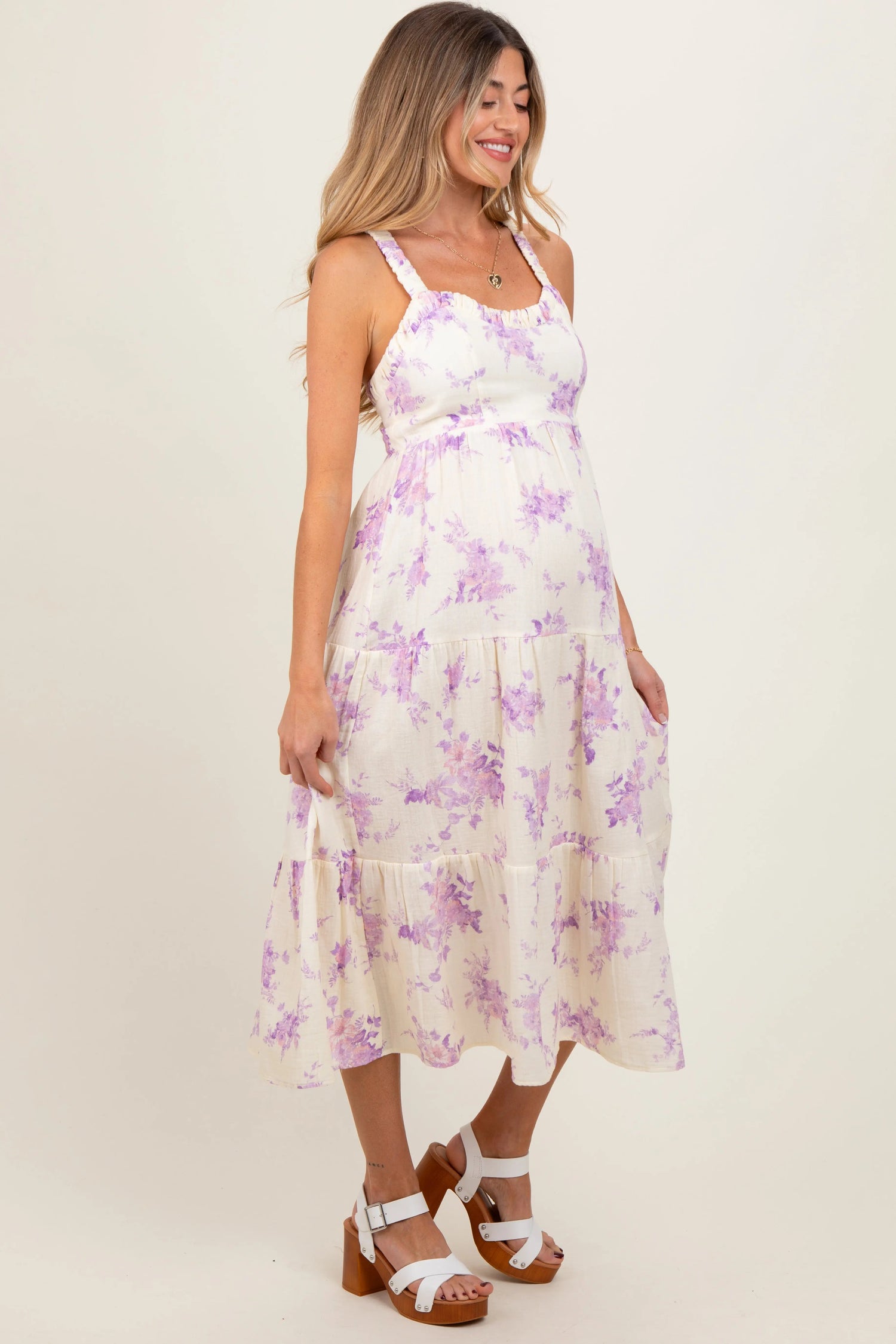 PinkBlush Cream Floral Tiered Crisscross Back Maternity Midi Dress - 