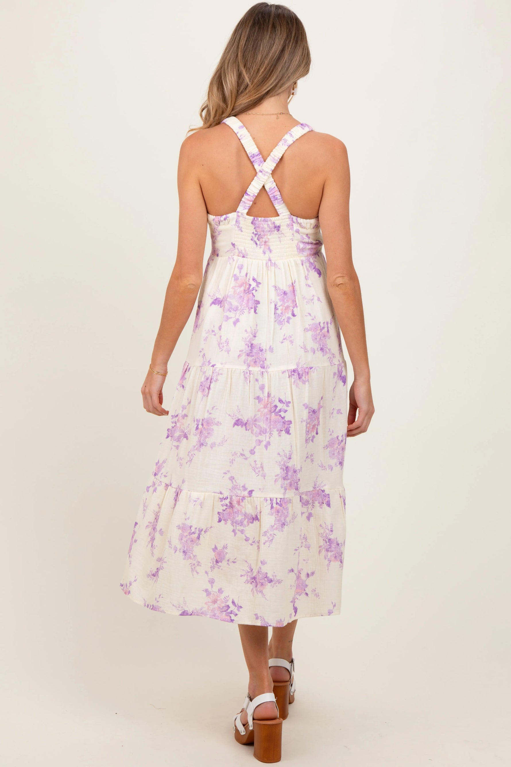 PinkBlush Cream Floral Tiered Crisscross Back Maternity Midi Dress - 