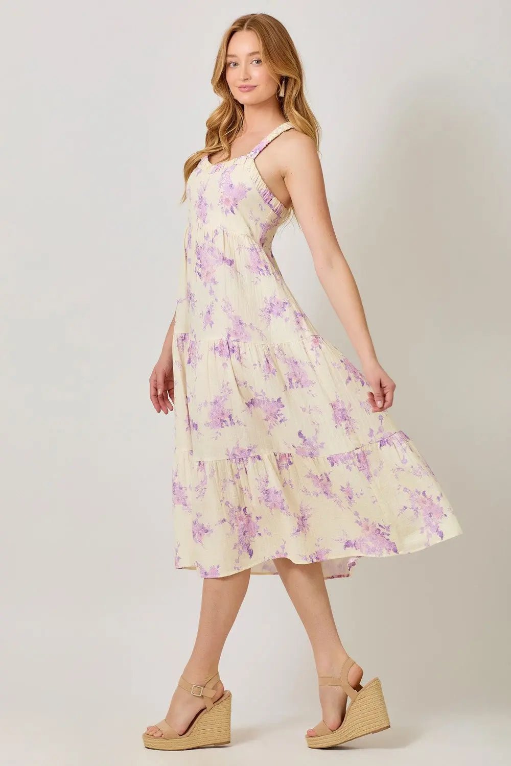 PinkBlush Cream Floral Tiered Crisscross Back Midi Dress - 