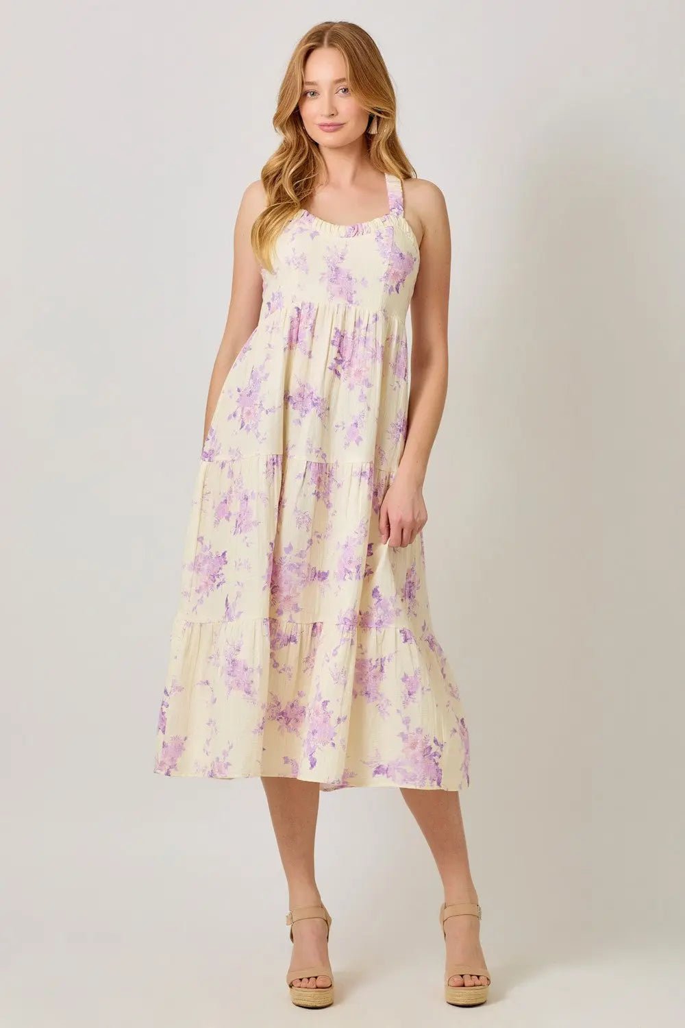 PinkBlush Cream Floral Tiered Crisscross Back Midi Dress - 