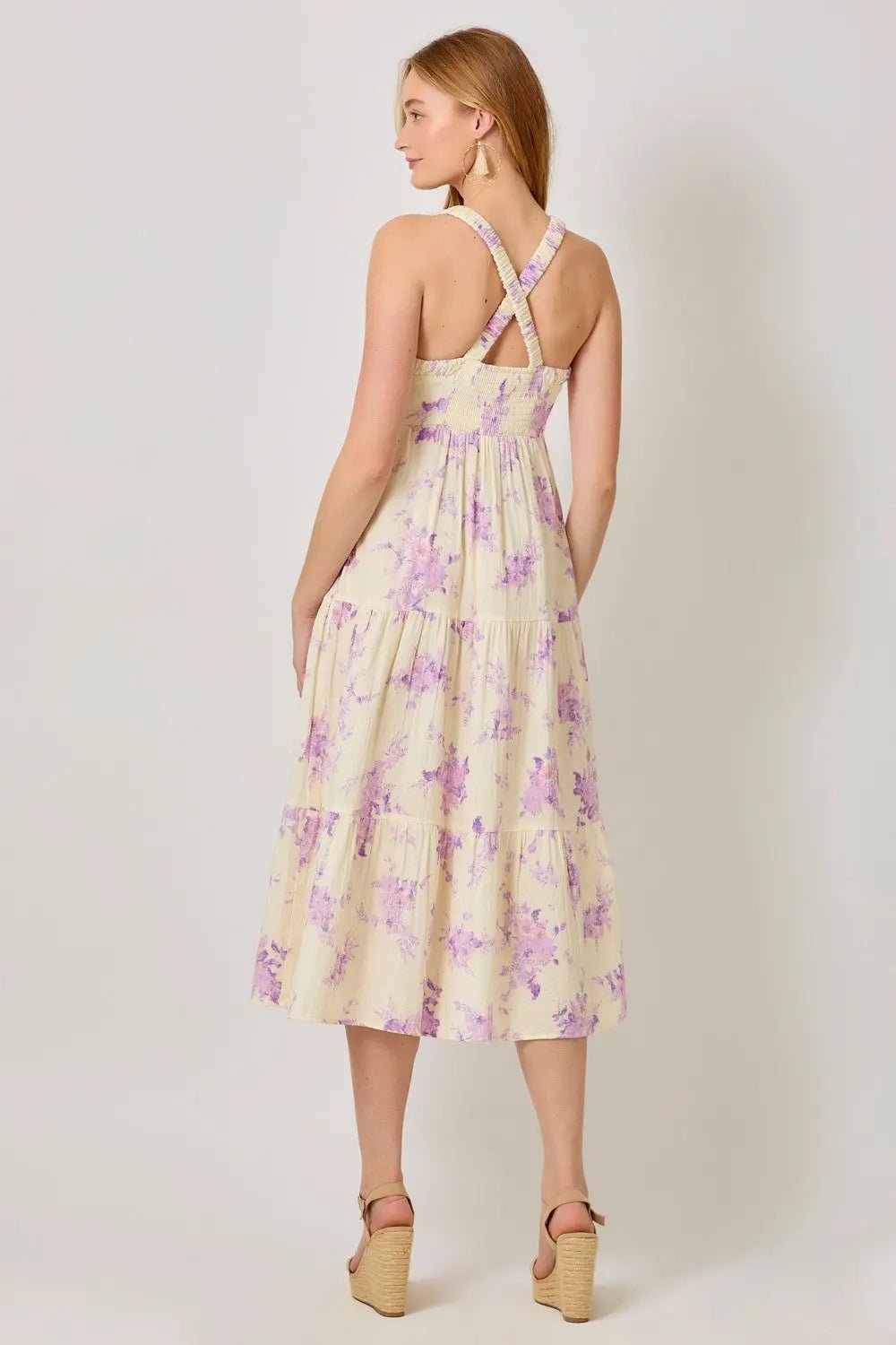 PinkBlush Cream Floral Tiered Crisscross Back Midi Dress - 