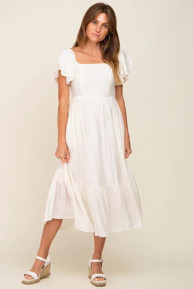 Cream Flutter Sleeve Midi Dress - Day Dress, One-piece garment, Fashion Model, Cocktail dress, Person | Everetts Place