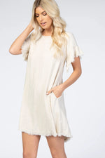 PinkBlush Cream Frayed Trim Back Keyhole Linen Dress - 