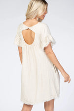 PinkBlush Cream Frayed Trim Back Keyhole Linen Dress - 