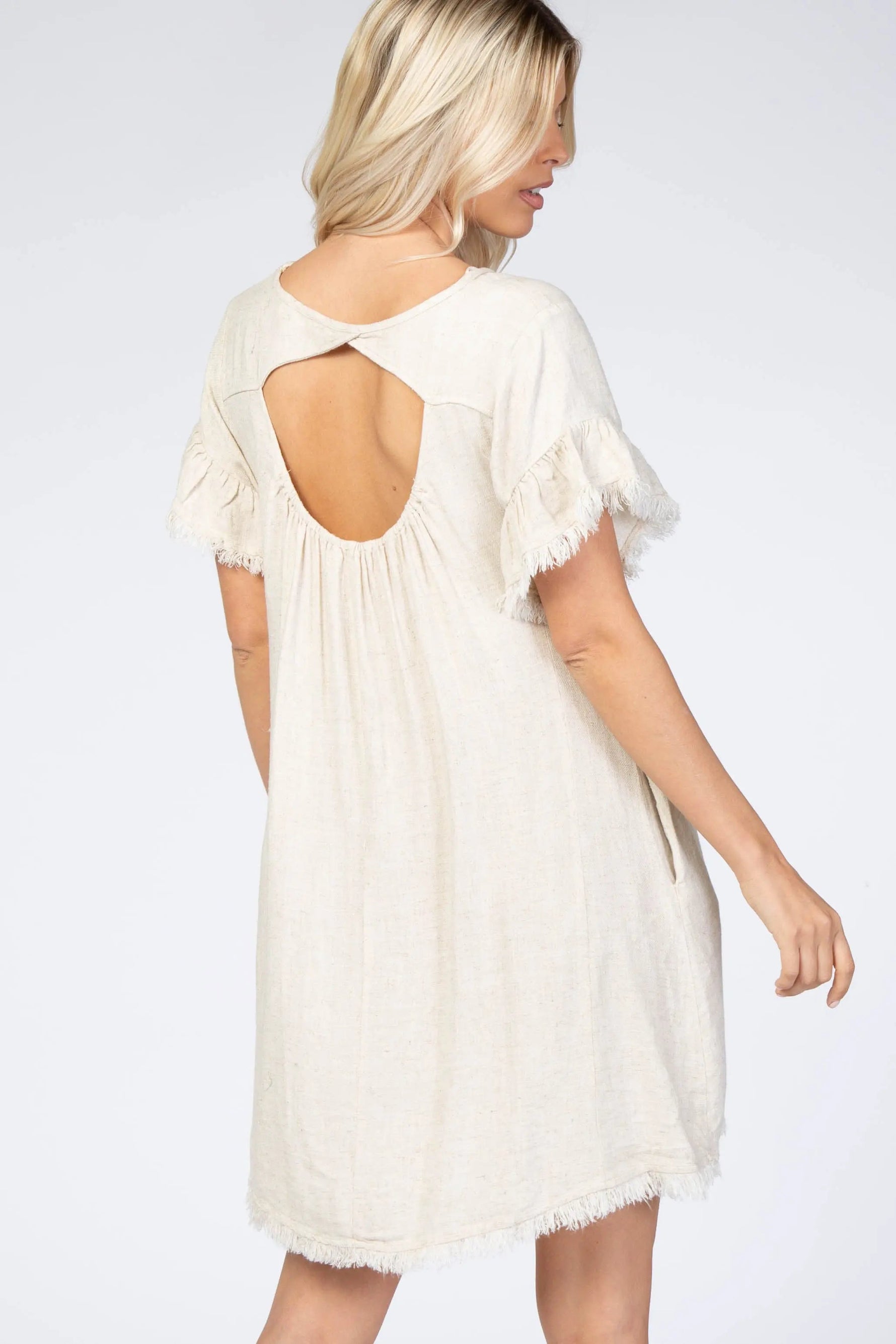 PinkBlush Cream Frayed Trim Back Keyhole Linen Dress - 