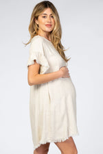 PinkBlush Cream Frayed Trim Back Keyhole Linen Maternity Dress - 