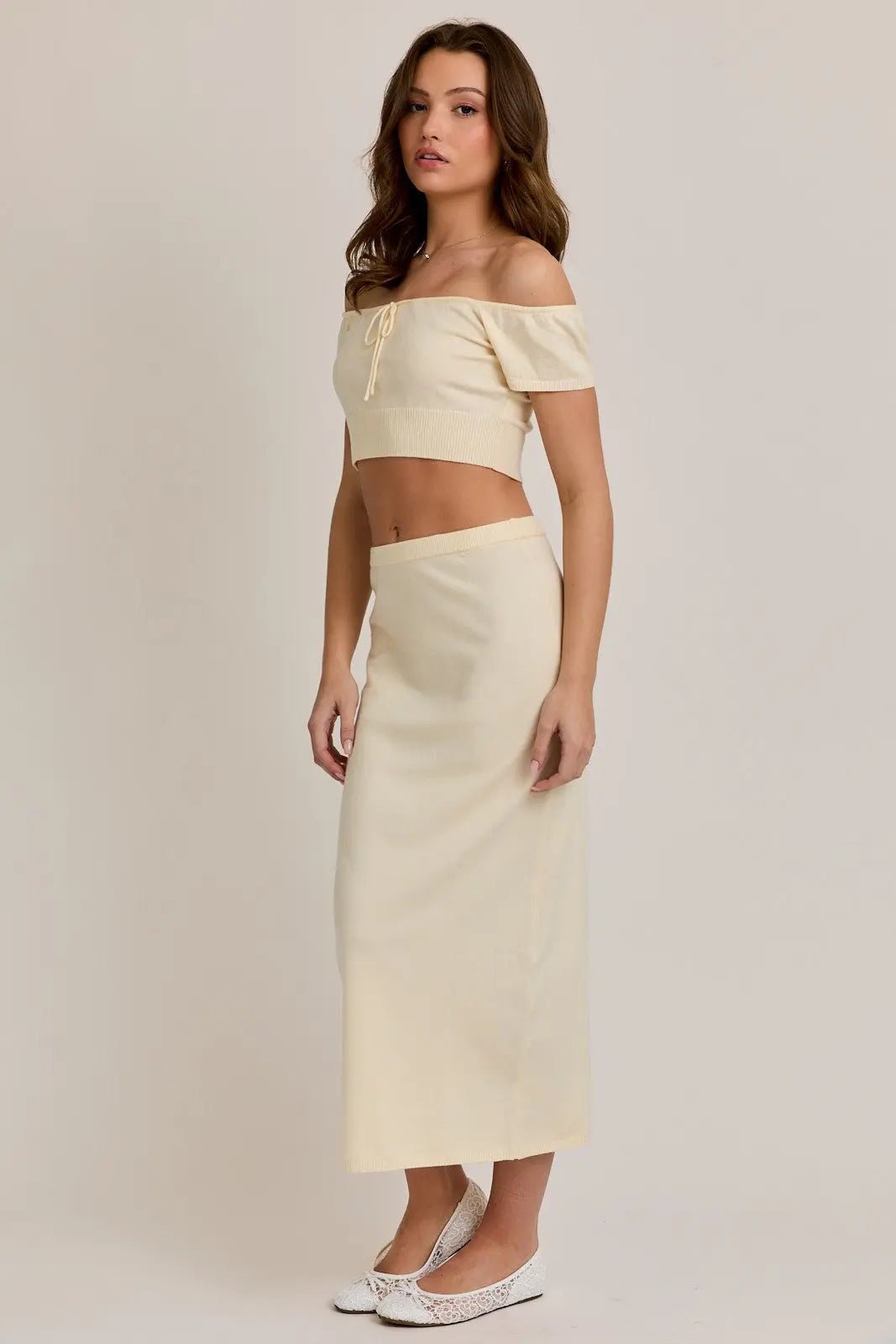 PinkBlush Cream Knit Off Shoulder Crop Top Maxi Skirt Set - 