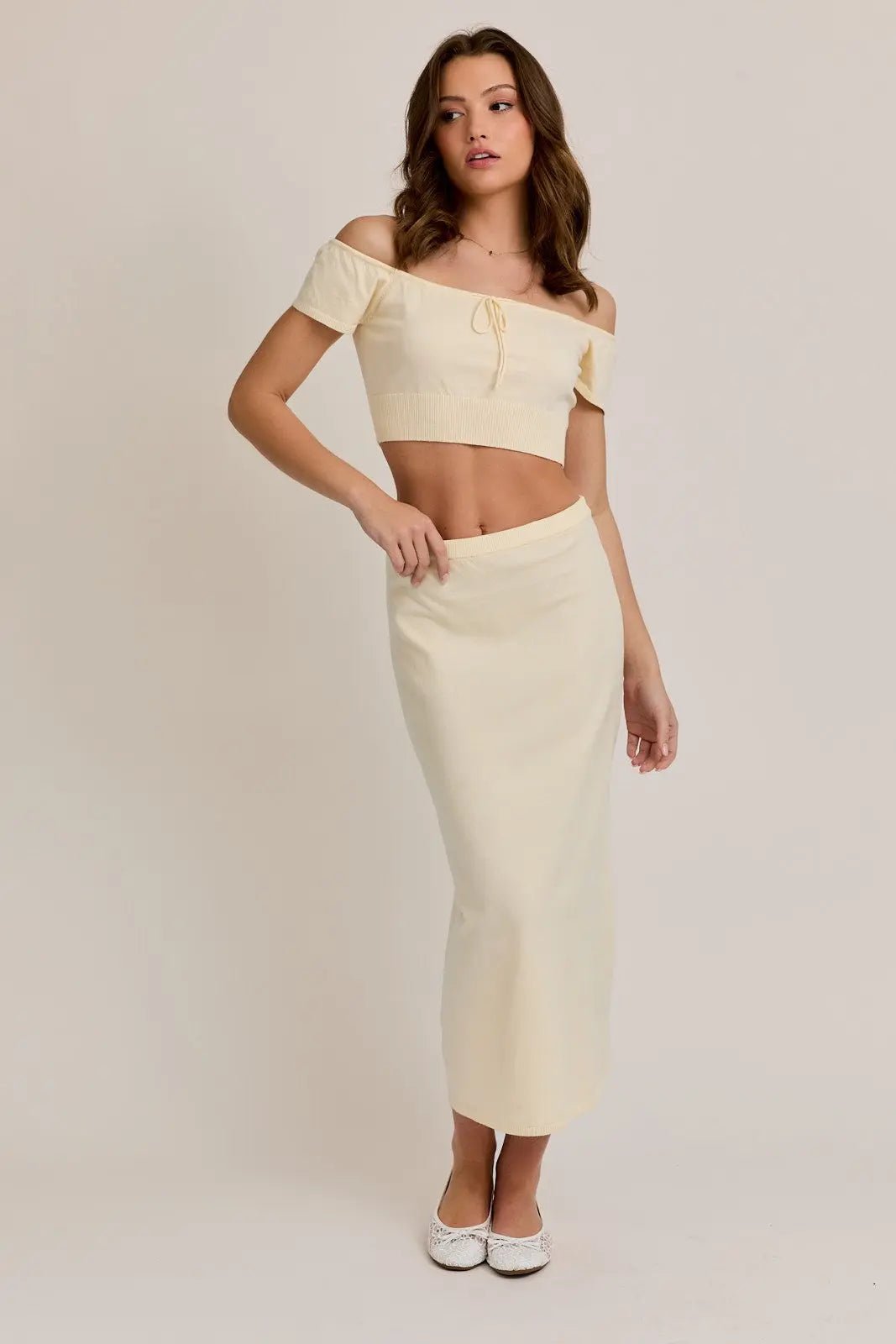 PinkBlush Cream Knit Off Shoulder Crop Top Maxi Skirt Set - 