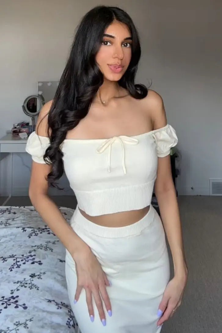 PinkBlush Cream Knit Off Shoulder Crop Top Maxi Skirt Set - 