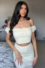 PinkBlush Cream Knit Off Shoulder Crop Top Maxi Skirt Set - 